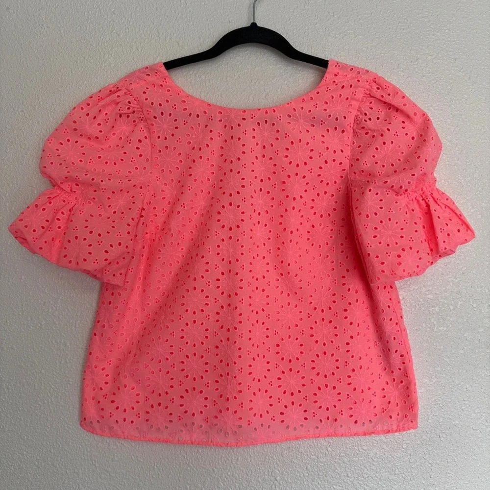 Lilly Pulitzer Size S Neon Coral Shaila Sunburst Eyelet Puff Sleeve Top Summer‎